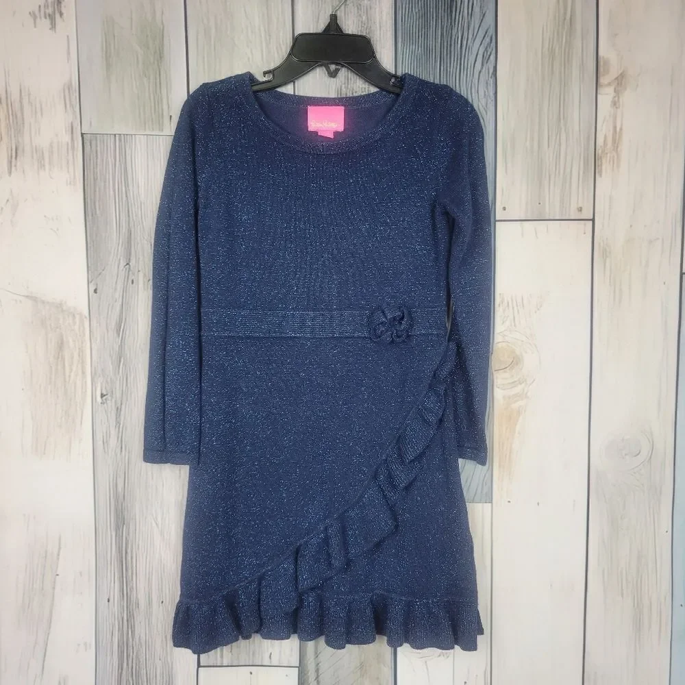Lilly Pulitzer Girls Blue Ruffled Hem Shimmery Long Sleeve Dress Size 5